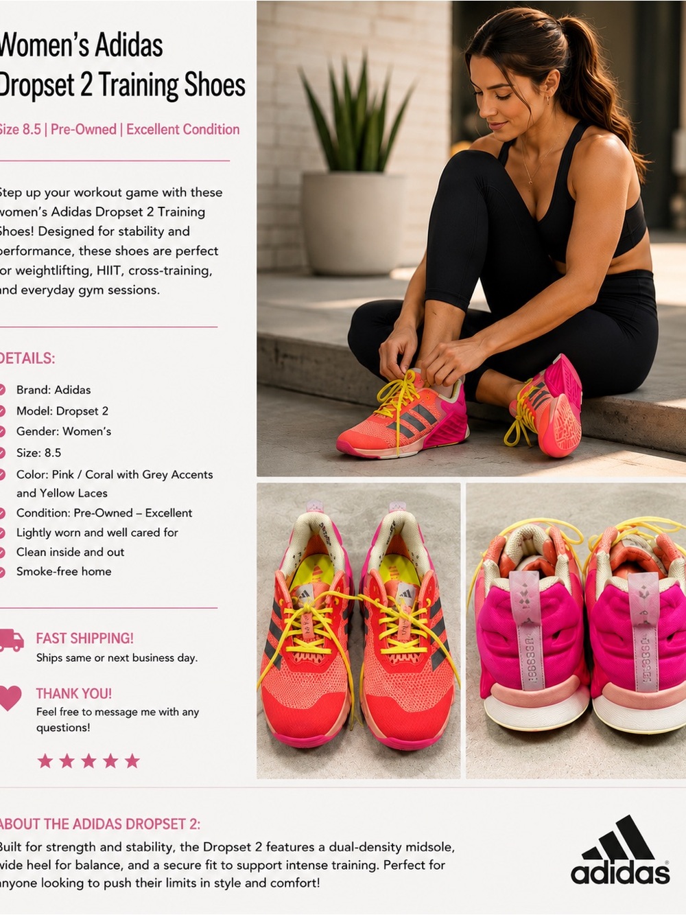 adidas Women's Dropset 2 Training Shoes - Pink/Coral with Yellow Laces